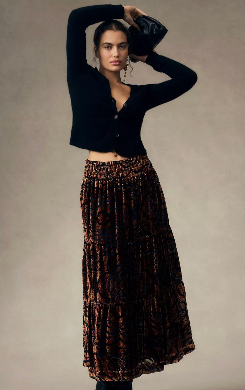 by Anthropologie The Somerset Maxi Skirt: Nina Pace Velvet Edition Orange sz. S